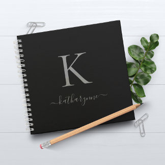 Moderne schwarze silberne Monogramm-Schriftzug-Nam Notizbuch