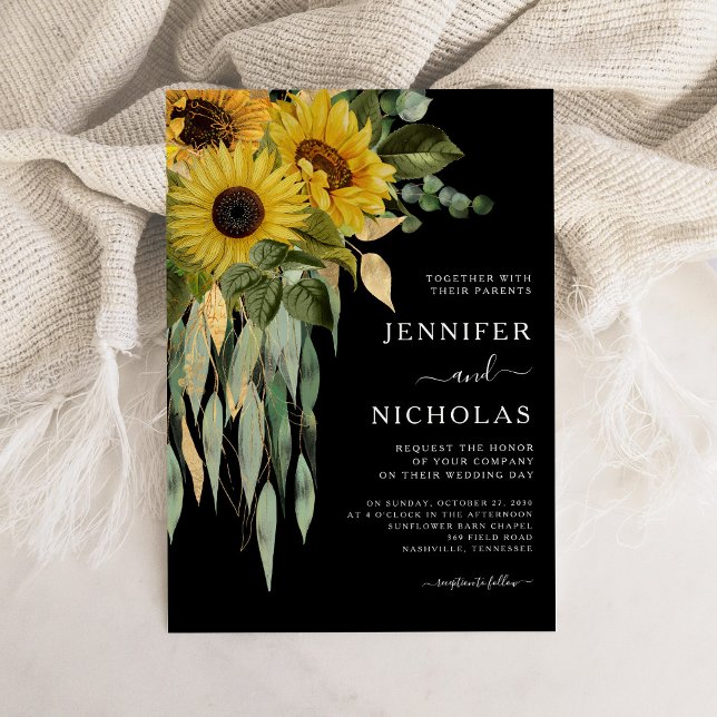 Moderne Schwarze Sonnenblumenhochzeit Einladung (Modern Black Sunflower Wedding Invitation)