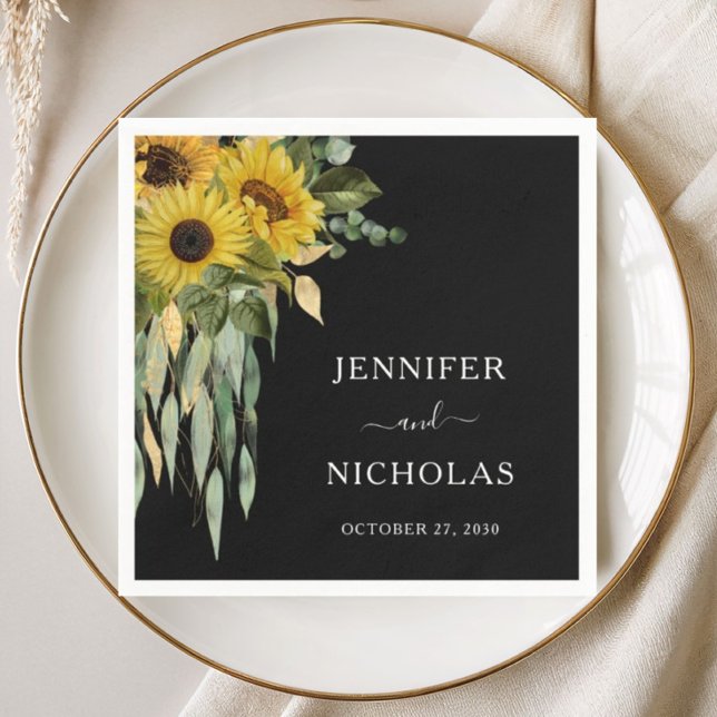 Moderne Schwarze Sonnenblumenhochzeit Serviette (Modern Black Sunflower Wedding Napkins)