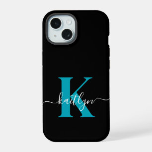 Moderne schwarze Teal-Schrift-Monogramm iPhone 15 Hülle