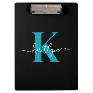 Moderne schwarze Teal-Schrift-Monogramm Klemmbrett