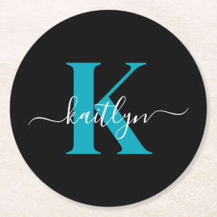 Moderne schwarze Teal-Schrift-Monogramm Runder Pappuntersetzer