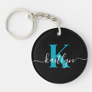 Moderne schwarze Teal-Schrift-Monogramm Schlüsselanhänger