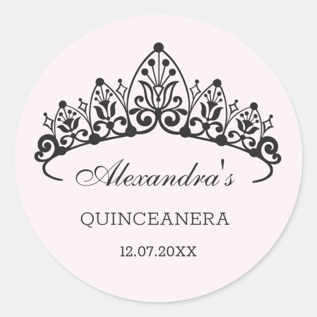 Moderne schwarze Tiara Quinceanera Runder Aufkleber (Vorderseite)