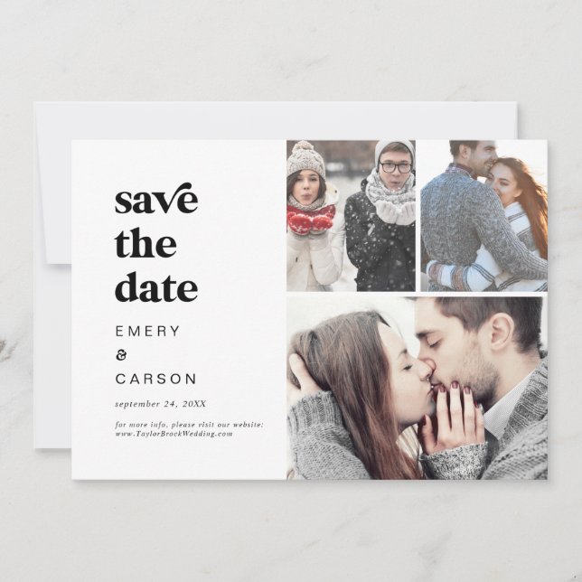 Moderne schwarze Typografie 3 FotoCollage Save The Date (Vorderseite)
