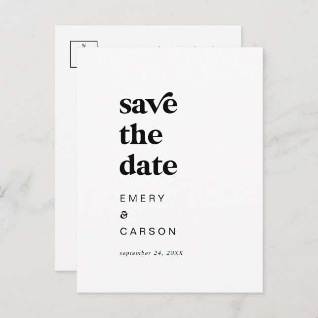 Moderne schwarze Typografie Save the Date Einladungspostkarte (Vorne/Hinten)