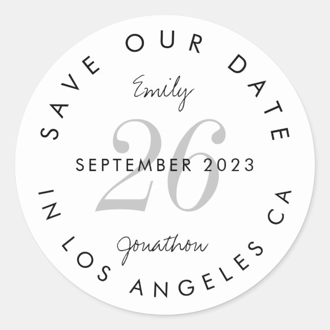 Moderne schwarze Typografie Save the Date Runder Aufkleber (Vorderseite)
