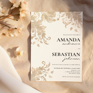 Moderne Schwarze Typografie Weißgoldblütenhochzeit Einladung