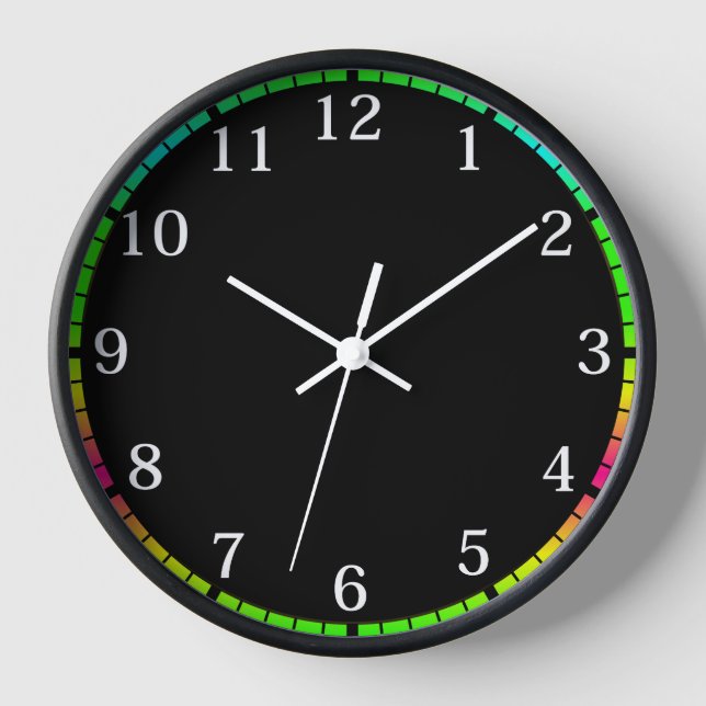 Moderne schwarze Uhr mit farbenfrohen, leuchtenden (Vorderseite)