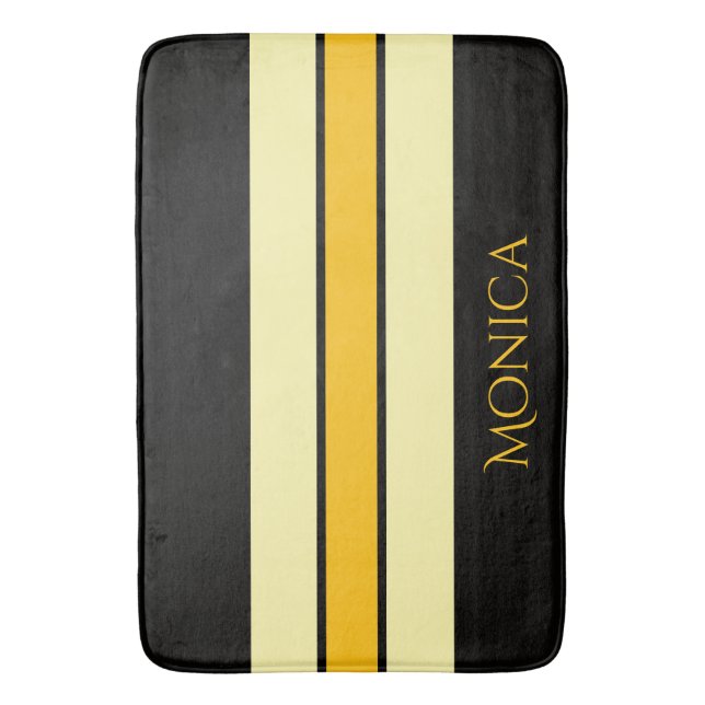 moderne schwarze und gelbe beige Monogramm Name Badematte (Vorderseite Vertikal)