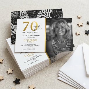 Moderne schwarze und goldene Achat-Foto 70. Geburt Einladung