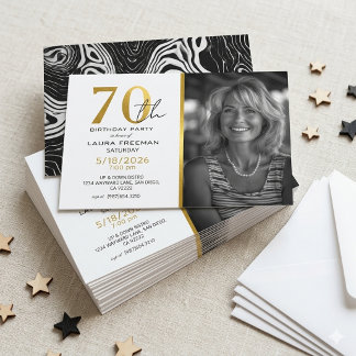 Moderne schwarze und goldene Achat-Foto 70. Geburt Einladung
