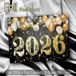 Moderne schwarze und goldene Balloons & Confetti N Folien Feiertagspostkarte