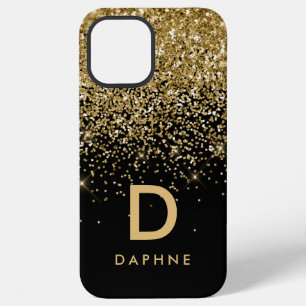 Moderne schwarze und goldene Glitter-Anfangsmonogr iPhone 12 Pro Max Hülle