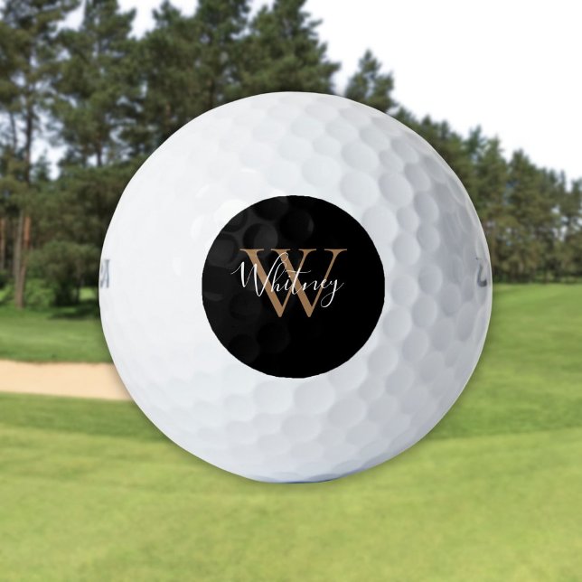 Moderne schwarze und goldene Monogramm-Schriftart  Golfball (Modern Black And Gold Monogram Script Name Golf Balls)