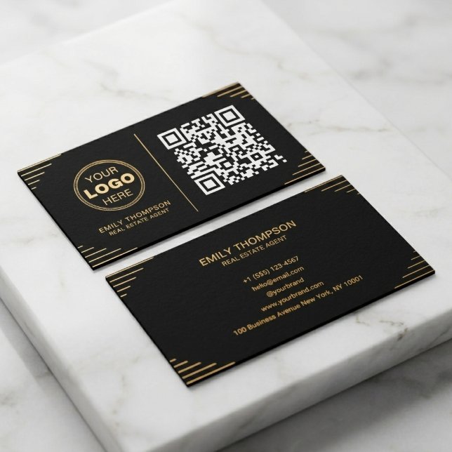Moderne schwarze und goldene QR-Code | Luxuriöse A Visitenkarte (The Future of Networking: Luxury Art Deco QR Code Business CardThe Future of Networking: Luxury Art )