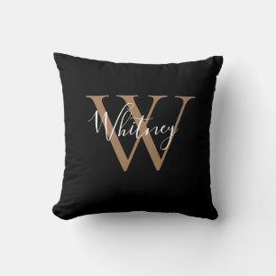 Moderne schwarze und goldene Schriftmonogramm-Name Kissen