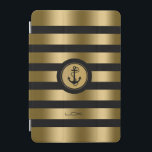 Moderne schwarze und goldene Streifen iPad Mini Hülle<br><div class="desc">Elegante moderne monogrammatikalische goldene Metallstreifen über schwarzem Hintergrund,  die man ändern kann. Weißer und goldener Kreis für die Darstellung eines weißen nautischen Ankerzeichens. Benutzerdefiniertes Monogramm. Wenn Sie Hilfe beim Anpassen,  Ändern der Farbe oder sonst irgendetwas benötigen,  wenden Sie sich an ArtOnWear Designer. Kostenlose Textformatierung mit Live-Hilfe auf Anfrage.</div>