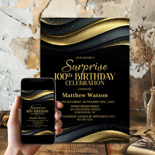 Moderne schwarze und goldene Überraschung zum 100. Einladung
