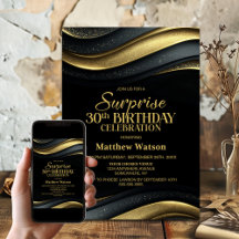 Moderne schwarze und goldene Überraschungsparty zu