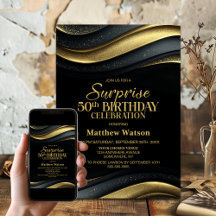 Moderne schwarze und goldene Überraschungsparty zu