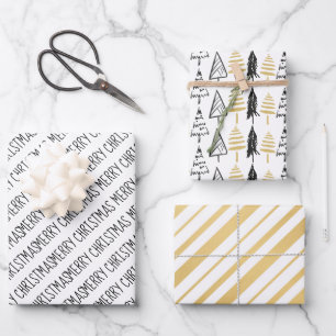 Moderne schwarze und goldene Weihnachtsbaume Geschenkpapier Set