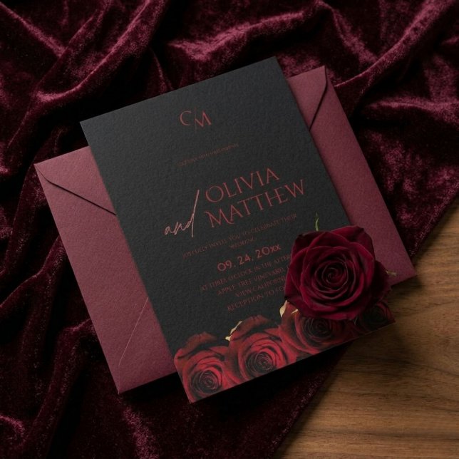 Moderne schwarze und rote Rosen Hochzeit Einladung (Von Creator hochgeladen)