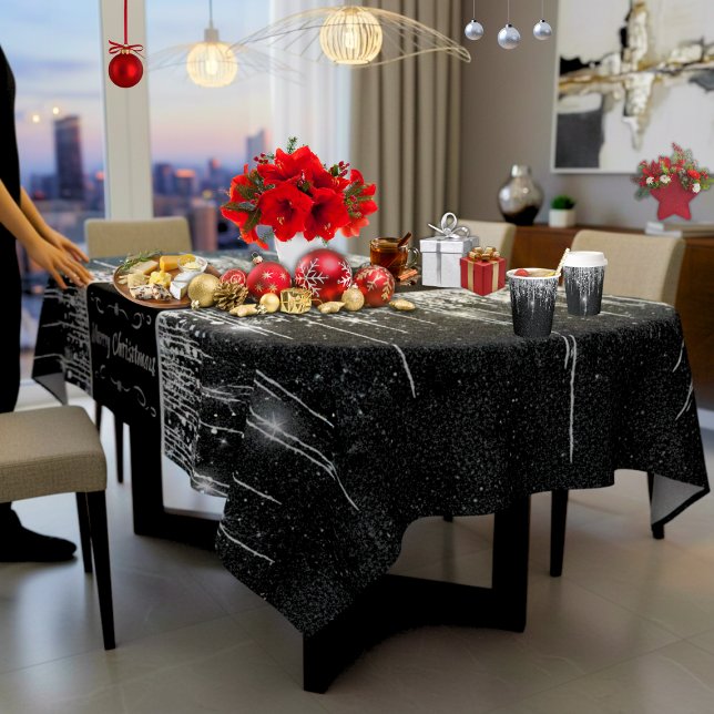 Moderne schwarze und silberne funkelnde "Frohe Wei Tischdecke (Modern black and silver Merry Christmas (or personalized) 60" x 104" (various sizes) tablecloth )
