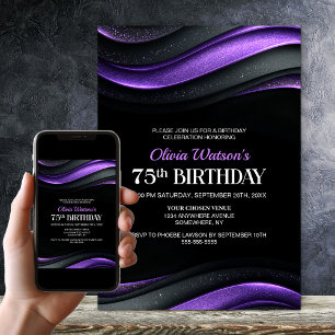 Moderne schwarze und violette 75. Geburtstagsfeier Einladung