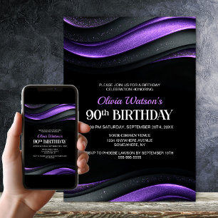 Moderne schwarze und violette 90. Geburtstagsfeier Einladung