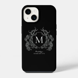 Moderne schwarze und weiße Blumenwappen-Monogramm iPhone 14 Hülle