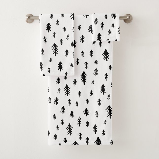 Moderne schwarze und weiße Doddle Weihnachtsbaumen Badhandtuch Set (Insitu)
