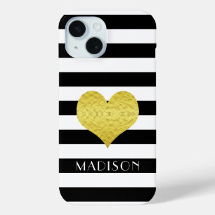 Moderne schwarze und weiße Streifen Gold Herzname Case-Mate iPhone Hülle