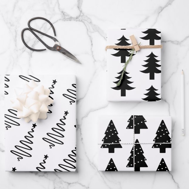 Moderne schwarze und weiße Weihnachtsbaumen Gesche Geschenkpapier Set (Vorderseite)