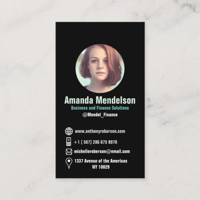 Moderne schwarze vertikale Sozialikonen und Foto Visitenkarte (Vorderseite)