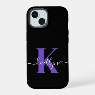 Moderne schwarze violette Schriftmonogramm iPhone 15 Hülle