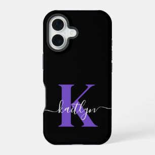 Moderne schwarze violette Schriftmonogramm iPhone 16 Hülle
