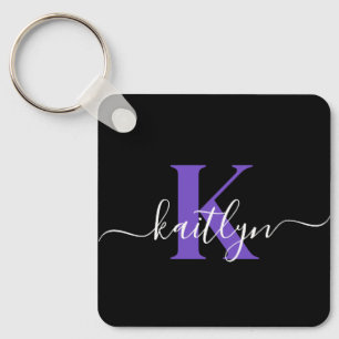 Moderne schwarze violette Skript-Monogramm Schlüsselanhänger