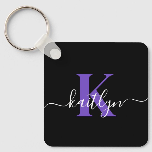Moderne schwarze violette Skript-Monogramm Schlüsselanhänger (Vorderseite)