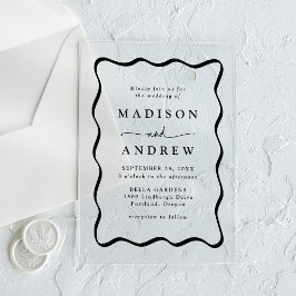 Moderne schwarze Wavy-Rahmen-Hochzeit Acryleinladungen