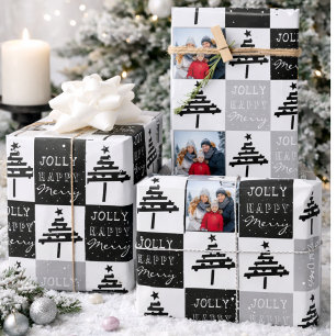 Moderne schwarze Weihnachtsbaum-Familienfoto Geschenkpapier Set