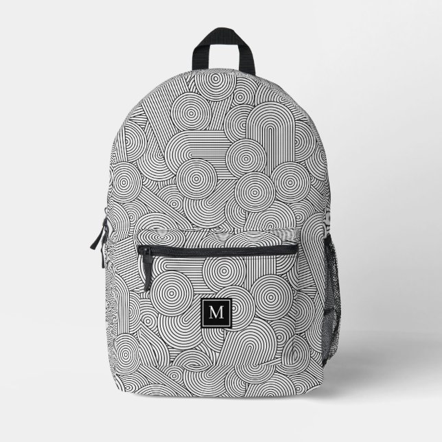 Moderne schwarze weiße monogrammierte Initiale im  Bedruckter Rucksack (Vorderseite)