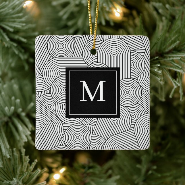 Moderne schwarze weiße monogrammierte Initiale im  Keramikornament (Baum)