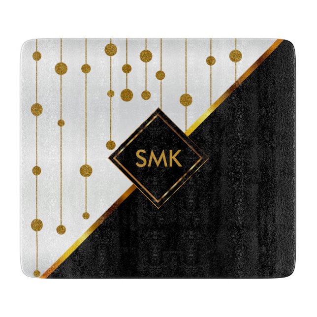 Moderne schwarze, weiße und goldene Punkte Schneidebrett (Vorderseite)