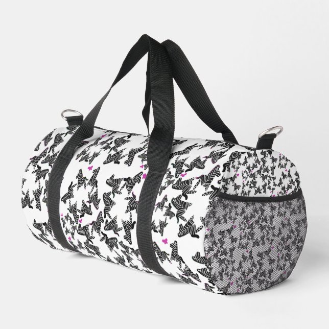 Moderne schwarze weiße und rosa wilde Zebra Duffle Bag (Rechte Ecke)