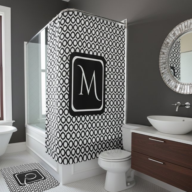 Moderne schwarze weiße verbundene Ringe Monogramm Duschvorhang (Von Creator hochgeladen)