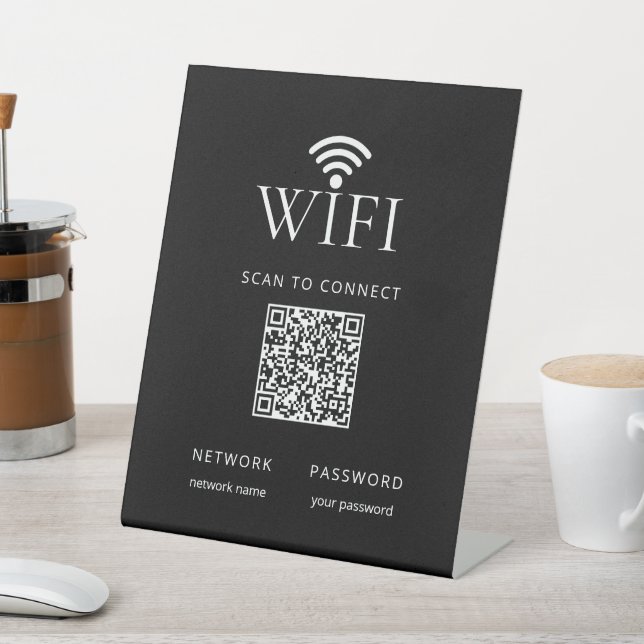 Moderne schwarze WiFi-Netzwerk-Passwort-QR-Code-Be Sockelschild (In SItu)