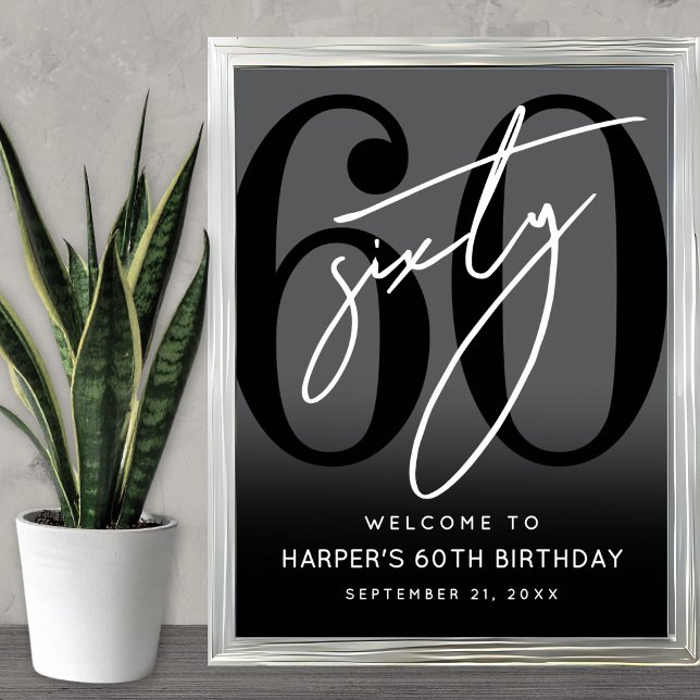 Moderne schwarze Willkommenskarte zum 60. Geburtst Poster (Modern Black 60th Birthday Party Welcome Sign)