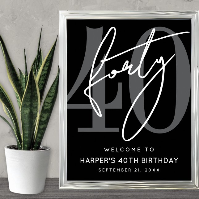 Moderne schwarze Willkommensschilder zur 40. Gebur Poster (Modern Black 40th Birthday Party Welcome Sign)