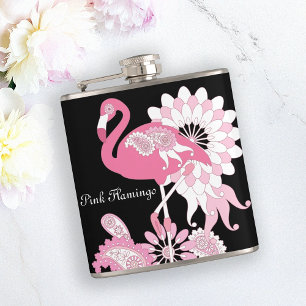 Moderne schwarze wunderliche tropische Vogel Rosa Flachmann